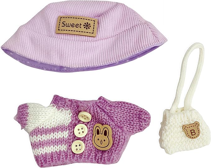 Designer Clothes Set for 17cm Dolls, Handcrafted Crochet 3-Piece Set, Doll Knit Outfit Accessories with Purple Sweater Tops, White Cross-Body Bag, and Bucket Hat, T-Purple