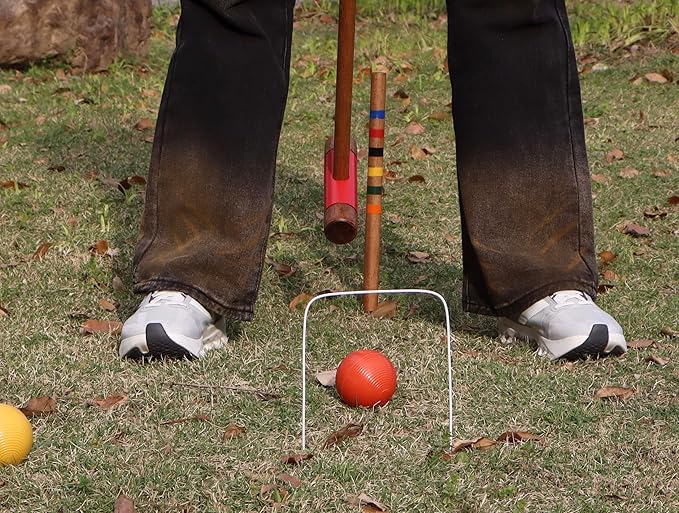 SPORT BEATS Six Player Croquet Set Solid RubberWood 36 Inch Mallets with Carry Case, Six Balls, Nine Wickets, 2 Stakes for Backyard Outdoor Games