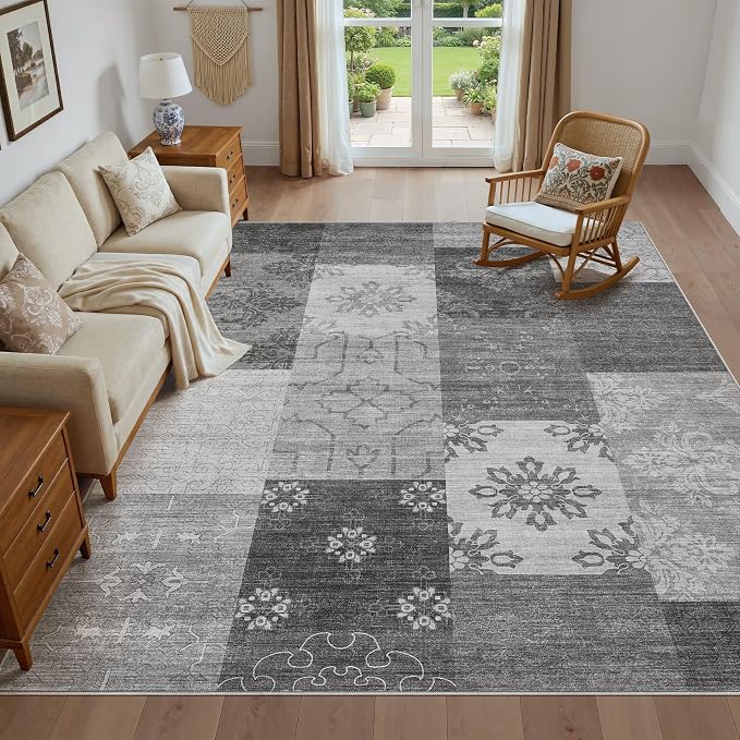 UERMEI 6x9 Area Rug for Living Room - Washable Vintage Carpet, Non-Slip Soft Large Indoor Floor Rugs for Bedroom Home Office & Under Dining Table Decor, Gray Block