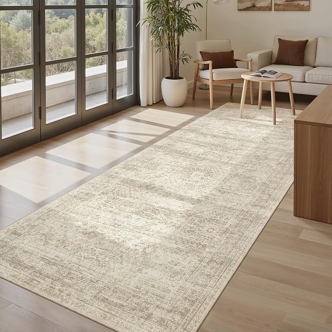 Soalmost Washable 4x8 Hallway Runner Rug Non-Slip Kitchen Entry Rugs Beige | Vintage Wide Runners for Living Dining Room Entryway, Foldable Low-Pile Floor Carpet Mat 8ft for Corridor Foyer Bedroom
