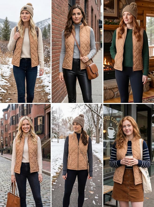 Fuinloth Women's Quilted Vest Lightweight Puffer Stand Collar Zip Gilet | 4 pockets with 2 inner storage. Quilted padded warm gilet. Fall winter outerwear layering vest for travel hiking daily wear.