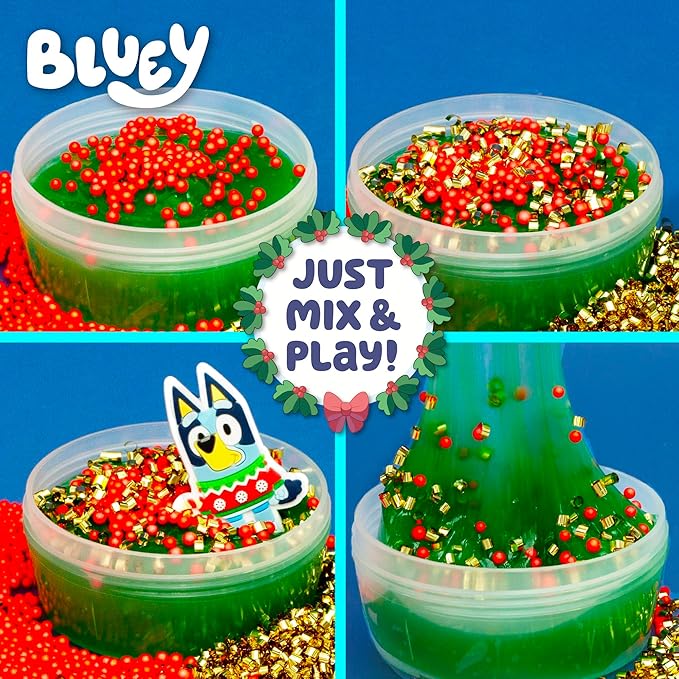 Bluey Holiday SLIMYGLOOP Mix’EMS, Peppermint-Scented Glossy Slime, 3 Fun Slime Add Ins, Bingsu Beads, Mini Foam Balls, Collectible Rubber Charm, Fun Stocking Stuffers, Gifts for Kids, Sensory Toys