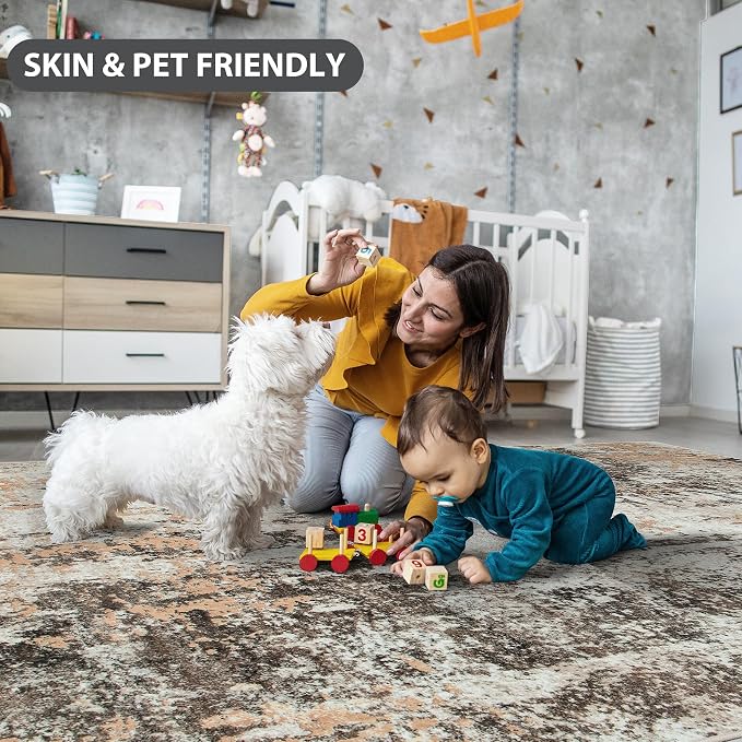9x12 Area Rugs for Living Room Rug Washable: Abstract Large Rug for Dining Room Bedroom Carpet Non Slip 9 by 12 Indoor Modern Nursery Home Office Brown Beige