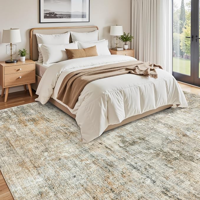 Soalmost 9x12 Area Rugs for Living Room Washable Rug Abstract Orange/Brown | Non-Slip Large Modern Carpet for Dining Bedroom, Soft Low Pile Lightweight Foldable Floor Mat Nursery Home Office Decor