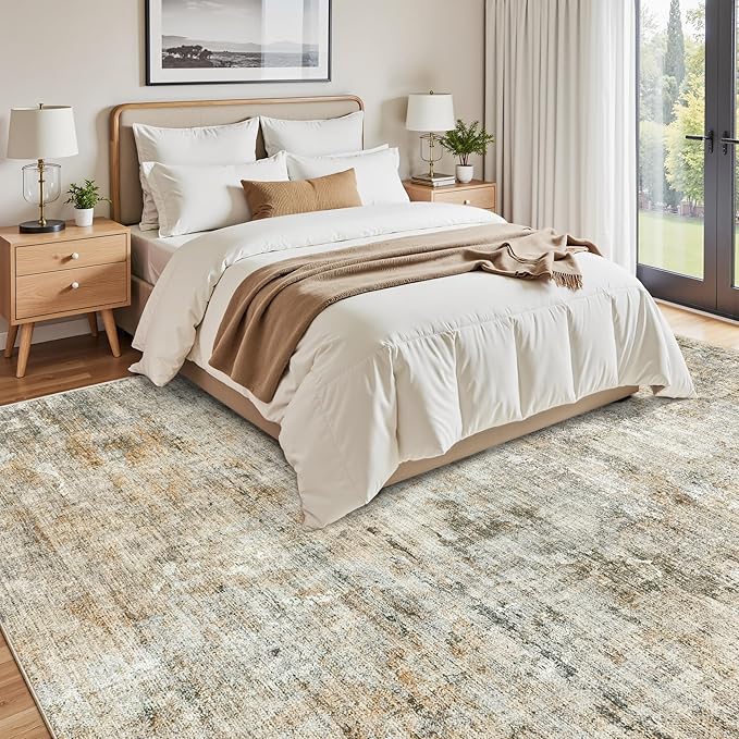Soalmost Abstract Rug 8x10 Large Living Room Rugs Washable Orange/Brown | Modern Non-Slip Area Carpet for Dining Bedroom, Stain Resistant Foldable Low Pile Floor Mat Under Table Home Office Decor