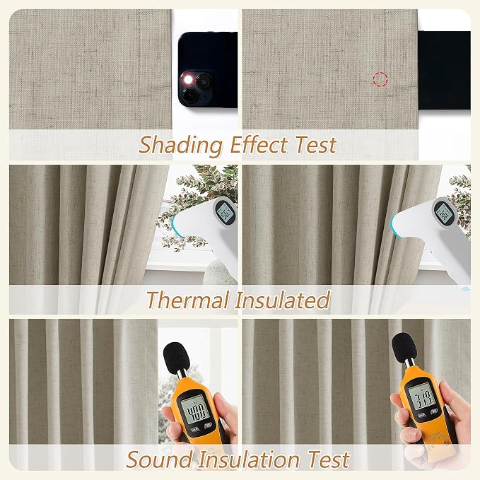 Guken 100% Blackout Linen Curtains for Bedroom 90 inches Long, Thermal Insulated Room Darkening Black Out Drapes for Living Room, Back Tab Rod Pocket 2 Panels Set,Ecru,52x90