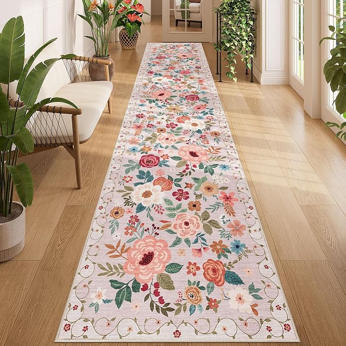 DUKINO 2.6x12 Kitchen Runner Rug, Floral Non Slip Long Washable Rug, Beige | Low Pile, Stain Resistant, Soft Indoor Rug Runner for Hallway, Entryway, Bedroom, Bathroom, Laundry, Pet Friendly, Home Decor