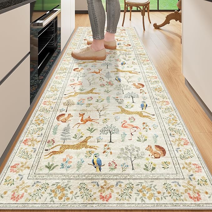 DUKINO 2x6 Runner Rug, Washable Animal Kitchen Rugs Non Slip, Beige | Soft, Low Pile, Stain Resistant Indoor Carpet for Hallway, Entryway, Bedroom, Bathroom, Laundry,Pet Friendly, Lightweight