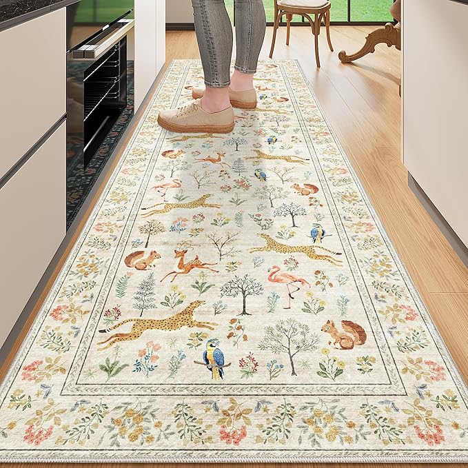 DUKINO 2.6x8 Rug for Hallway, Washable Kitchen Runner Rug Non Slip, Beige | Low Pile, Stain Resistant, Soft Animal Indoor Carpet Runner for Entryway, Bedroom, Bathroom, Laundry, Lightweight, Home Decor