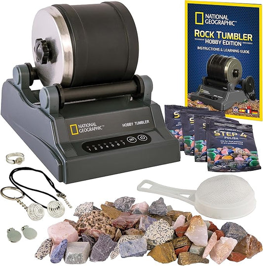 Blue Marble National Geographic Rock Tumbler Kit – Hobby Edition Includes Rough Gemstones, and 4 Polishing Grits, Great STEM Science Kit for Geology Enthusiasts, Rock Polisher for Kids and Adults