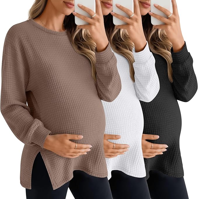 3 Pack Women's Maternity Shirts Long Sleeve Waffle Knit Side Split Oversized Tops Pregnancy Clothes Fall Tees