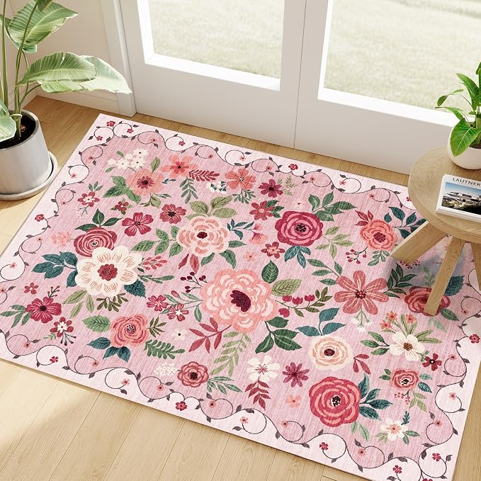 DUKINO 2x3 Entryway Rug, Floral Door Mat Soft Washable Rug Non Slip, Pink | Low Pile, Non-Shedding Small Rug for Kitchen, Entrance, Bedroom, Bathroom, Pet Friendly, Stain Resistant, Modern Home Decor