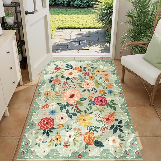 DUKINO 3x4 Area Rug, Floral Washable Rug for Kitchen Non Slip, Green | Low Pile, Soft, Stain Resistant Indoor Rug for Entryway, Bedroom, Bathroom, Laundry, Pet Friendly, Home Decor, Lightweight