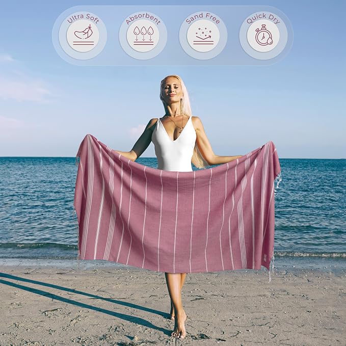 Ossano Turkish Beach Towel Soft & Drying Oversized (39" x 71") - Quick Dry, Versatile and Functional as Picnic, Travel and Beach Blanket, Yoga, Gym, Pool and Cruise Towels - Pink