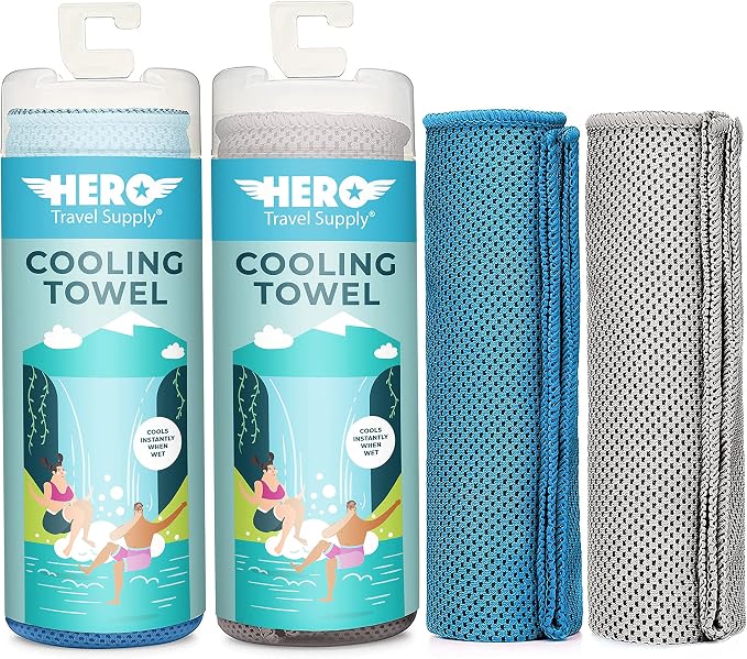 Hero Cooling Towel for Travel, Hiking, Sports, Yoga (2-Pack) Ultra Soft Microfiber 40" x 12" (Blue/Grey)