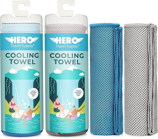 Hero Cooling Towel for Travel, Hiking, Sports, Yoga (2-Pack) Ultra Soft Microfiber 40" x 12" (Blue/Grey)