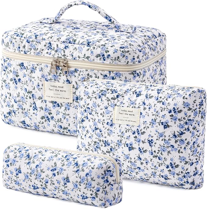 HBselect Quilted Makeup Bag, 3PCS Cotton Large Travel Makeup Bag, Cute Floral Coquette Make up Bag Cosmetic Bag Toiletry Bag for Women Girls