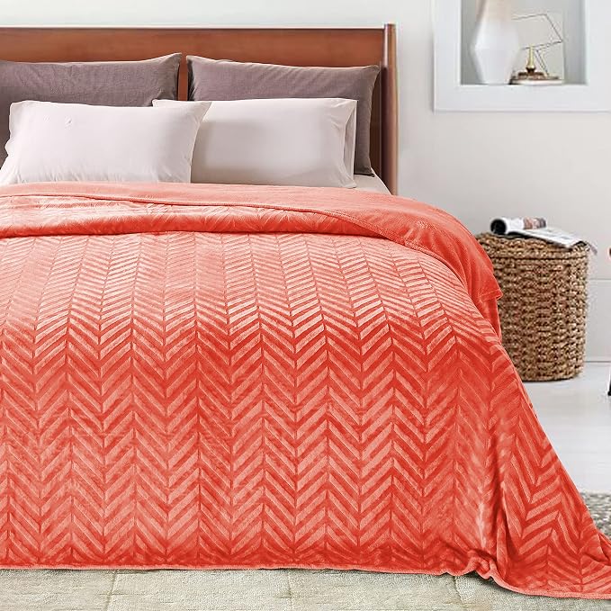 Whale Flotilla Flannel Fleece Fall Bed Blanket Queen Size, Coral | Lightweight Breathable Soft Bedspread, Plush Fluffy Coverlet Chevron Design Decorative Blanket for Home Life, 90x90 Inch