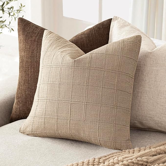Foindtower Set of 2 Decorative Linen Check Throw Pillow Covers Neutral Farmhouse Vintage Cushion Covers Modern Coastal Boho Home Decor for Sofa Chair Couch Bedroom Living Room,22×22 Inch,Camel