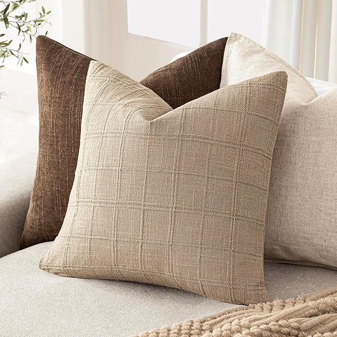 Foindtower Set of 2 Decorative Linen Check Throw Pillow Covers Neutral Farmhouse Vintage Cushion Covers Modern Coastal Boho Home Decor for Sofa Chair Couch Bedroom Living Room,18×18 Inch,Camel