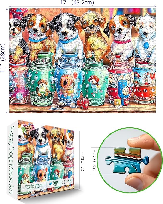 300 Piece Jigsaw Puzzle for Adults - Fun Colorful Vases & Funny Puppy Design | Challenging Pet Lover Puzzle for Family Game Nights & Gifts | 17x11 Inches