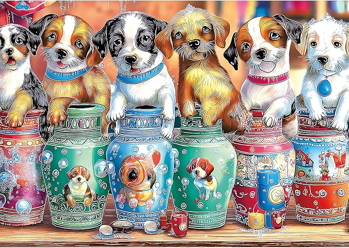 300 Piece Jigsaw Puzzle for Adults - Fun Colorful Vases & Funny Puppy Design | Challenging Pet Lover Puzzle for Family Game Nights & Gifts | 17x11 Inches