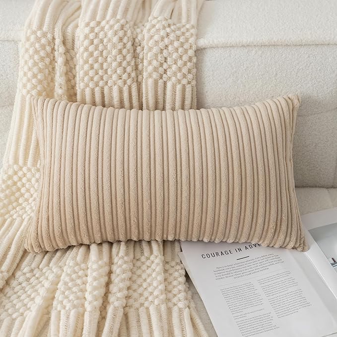 UGASA 12x24 Inch Pillow Cover Pack of 1 Soft Boho Stripe Corduroy Long Rectangular Lumbar Cushion Cover Farmhouse Decorative Throw Pillowcase for Bed, Couch, Sofa, Bedroom, Living Room, Beige