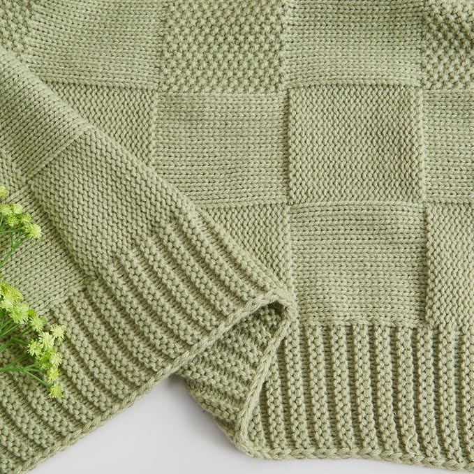 CozeCube Sage Green Knitted Checkered Throw Blanket 60"X80" | Check Knit Throw for Couch, Decorative Christmas Soft Cozy Warm Blanket for Bed Sofa Living Room