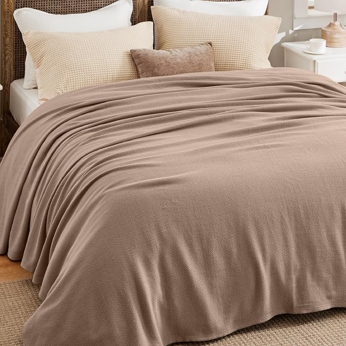 Bedsure GentleSoft 100% Cotton Blanket Queen Size for Bed - Cooling Breathable and Lightweight, Soft Cozy Textured Herringbone Woven Summer Blanket for Home Decor, Coffee Brown, 90x90 inches