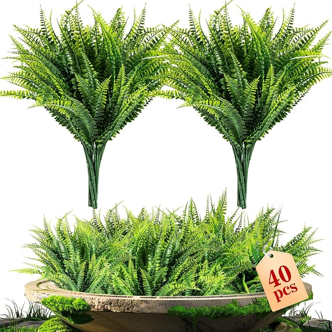 MAQIHAN 40PCS Fake Fern for Outdoor - Artificial Boston Fern Stems Decor | Realistic Fake Greenery for Large Planters, Vase, Porch, Patio, Garden Decor, Faux Plants for Indoor, Outdoor Home Decoration