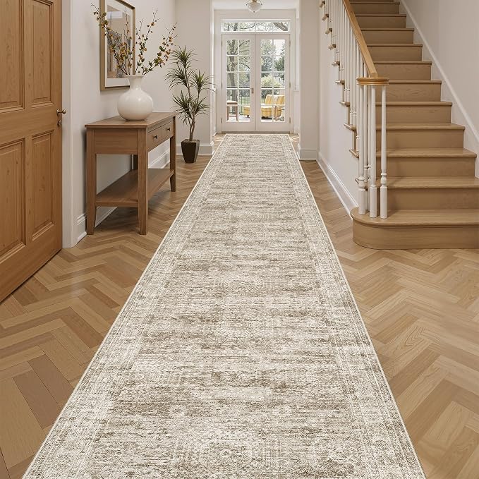 Soalmost Washable 3x16 Hallway Runner Rug Non-Slip Kitchen Entry Rugs Brown | Vintage Extra Long Runners 16ft for Bathroom Entryway, Foldable Low-Pile Wide Floor Carpet for Corridor Living Room Bedroom