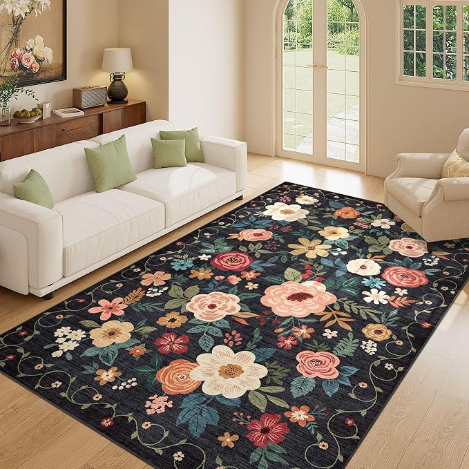 DUKINO 5x8 Area Rug for Bedroom, Soft Floral Washable Rug Non Slip, Black | Low Pile, Non-Shedding Thin Indoor Rug for Living Room, Dining Room, Kids Room, Office, Nursery, Pet Friendly, Home Decor