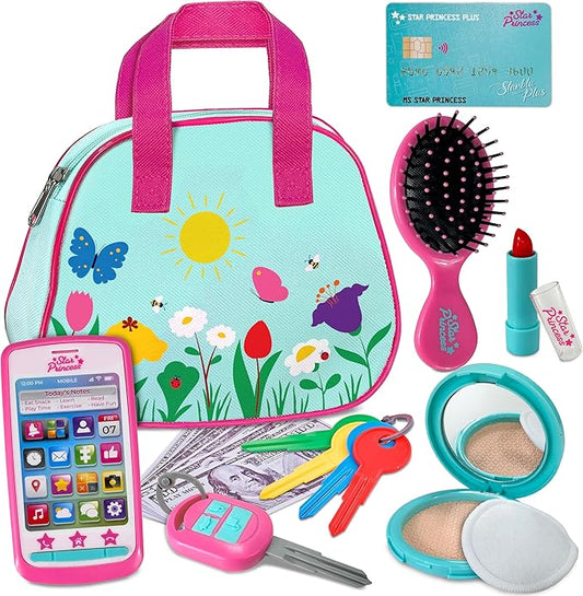 Toddler Play Purse for Kids with Accessories, Toys for Girls with Pretend Makeup, Keys, Smartphone, Dress Up Toy Purse for Toddlers and Kids - Birthday Gift for Little Toddler Girls Ages 3 4 5 6, Blue