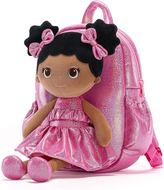 Lazada Toddler Backpack - Baby Girl Gifts Curly Fingerprints Plush Doll Dress Backpack - Fashion Girls Curly Rolled Fingerprints Series - Rose Red 11 Inches