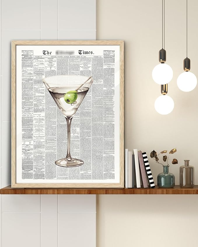 EcoHest 16x20 in Martini Newspaper Framed Wall Art for Bar Cart | Solid Oak Wood Frame, Canvas Wall Art, Martini Cocktail Bar Cart Decor for Living Room, Apartment, Dorm Room, Bedroom, 1Pack