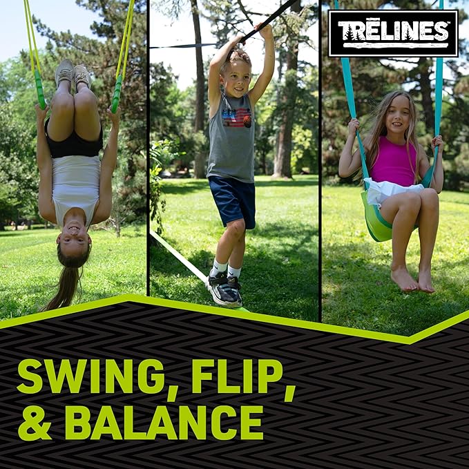 Swingset Gymnastics Kit 36 ft - Slackline Swing Set for Backyard, Monkey Bars & Gymnastics Line - 2 Swings, Double Trapeze bar, 2 Gym Rings - Outdoor Playset for Kids - Ages 3+ Holds 500 lbs.