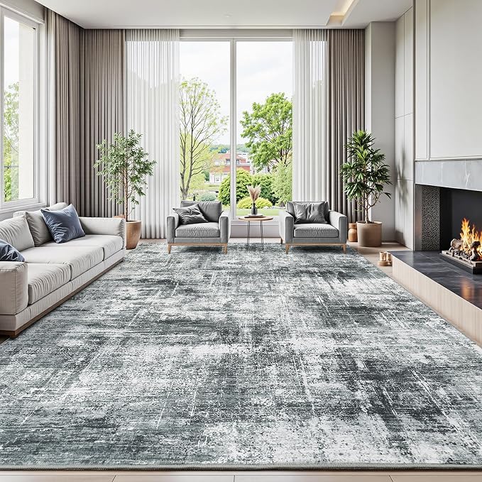 9x12 Area Rug for Living Room, Abstract Washable Non-Slip Large Rugs, Grey | Neutral Carpets for Bedroom, Dining Room, Home Office Nursery Indoor, Stain Resistant, Low Pile, Non-Shedding Modern Rug