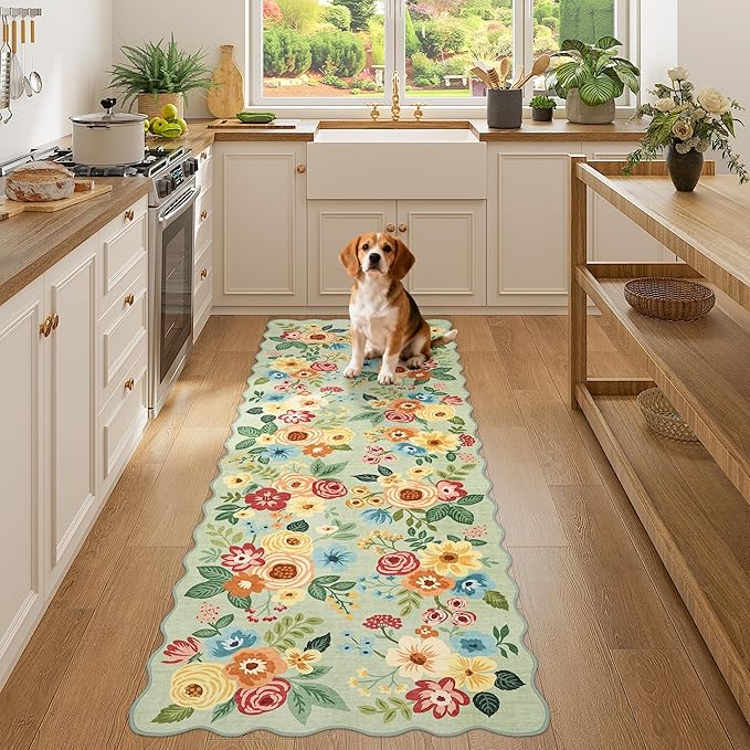 DUKINO 2x6 Runner Rug, Floral Washable Rug for Kitchen Non Slip, Green | Soft, Low Pile, Non-Shedding Long Runner Rugs for Kitchen, Entryway, Bedroom, Bathroom, Pet Friendly, Home Decor, Ultra-Thin