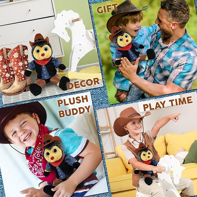 DolliBu Sitting Bee Stuffed Animal Cowboy Plush with Name Personalization - Western-Themed Bee Plush with Cute Cowboy Costume Denim Shirt Vest, Bandana, Leather Pants, and Hat - 7 Inches