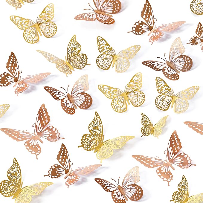 SAOROPEB 3D Butterfly Wall Decor, 48 Pcs 4 Styles 2 Color 3 Sizes, Removable Metallic Wall Sticker Room Mural Decals for Kids Bedroom Nursery Classroom Party Decoration (2 Color) | 4 Styles 2 Color 3 Sizes, Removable Metallic Wall Sticker Room Mural De...