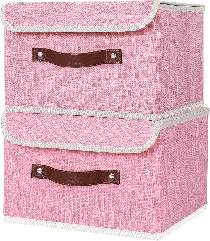 ANMINY Fabric Storage Box Bins with Lids, Pink, 10"x8"x7", 4 Pack | Keepsake Memory Storage, Cotton Linen, PP Board Reinforced, Washable, PU Handles, Foldable & Stackable, Decorative, Small