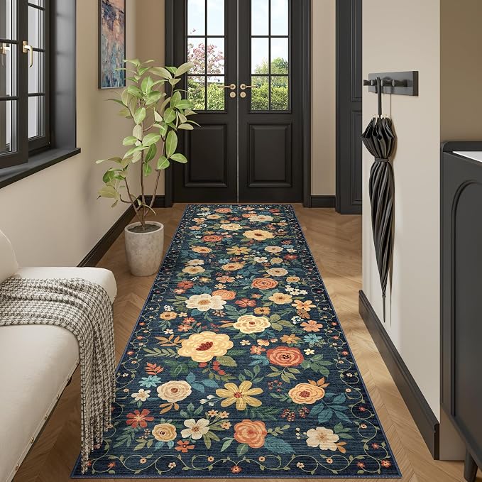 DUKINO 3x10 Runner Rug, Washable Kitchen Runner Rug Non Slip, Navy Blue | Soft, Low Pile, Floral Indoor Rug Runner for Hallway, Entryway, Bedroom, Bathroom, Home Decor, Pet Friendly, Stain Resistant