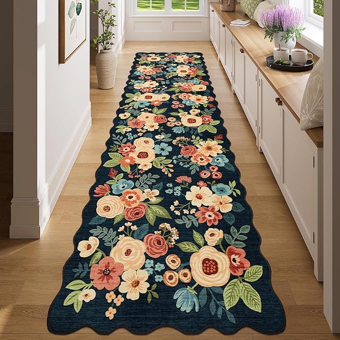 DUKINO 2x8 Washable Runner Rug, Floral Non Slip Kitchen Rugs, Navy Blue | Low Pile, Soft Throw Rug Runner for Hallway, Entryway, Bedroom, Bathroom, Pet Friendly, Stain Resistant, Home Decor