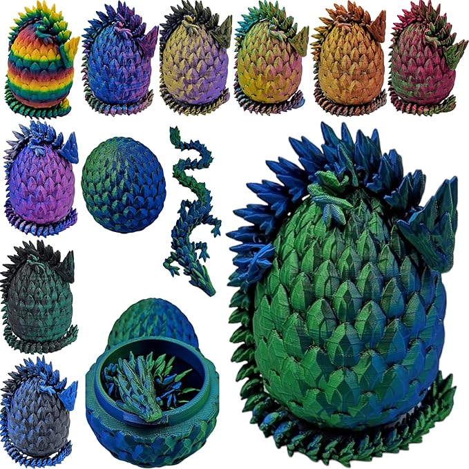 Surprise Dragon Egg Articulating Gemstone Dragon Fidget Figurine - 3D Printed Dragons Flexible ADHD, Autism, Relief Anxiety - Articulated Joints (Blue Green Silk)