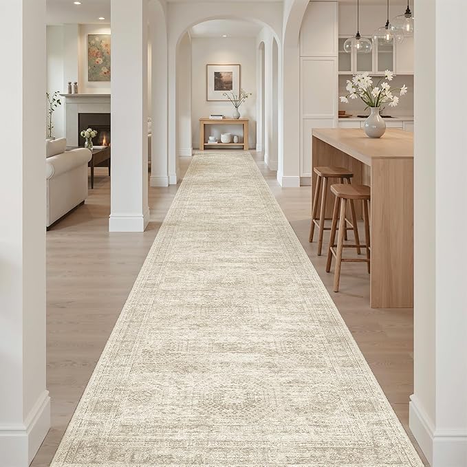 Soalmost Washable 3x20 Hallway Runner Rug Non-Slip Kitchen Entry Rugs Beige | Vintage Extra Long Runners 20ft for Bathroom Entryway, Foldable Low-Pile Wide Floor Carpet for Corridor Living Room Bedroom