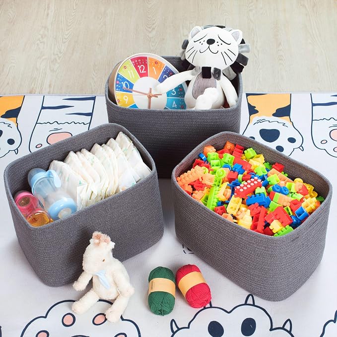 3-Pack Decorative Woven Storage Baskets for Shelves, Cube Bin Box for Organizing Books, Shoes, Dog Toys, Pantry Closet and Living Room Organizer, Charcoal Gray