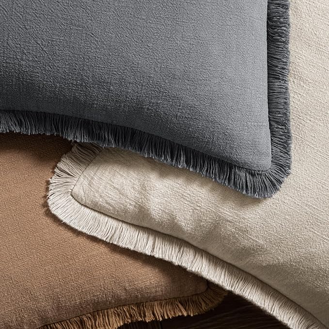 MIULEE Boho Linen Fringe Decorative Throw Pillow Covers Grey 20x20 | Set of 2, Cottagecore Decor, Boho Farmhouse Neutral Pillow Covers, Rustic Couch Cushion Cases for Sofa Bed Living Room