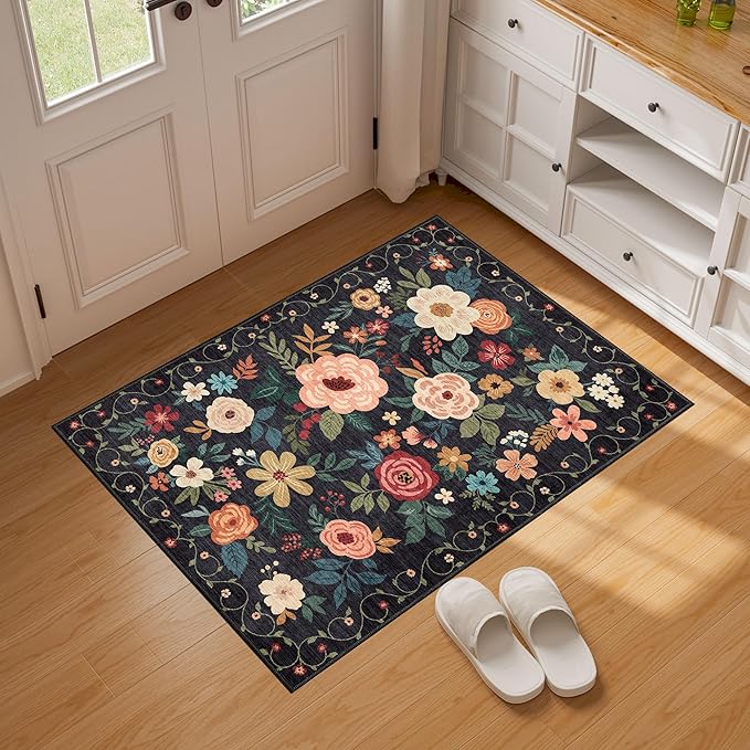 DUKINO 2x3 Door Mat Indoor Entrance, Floral Washable Rug Non Slip, Black | Low Pile, Non-Shedding Small Rug for Kitchen, Entryway, Bedroom, Bathroom, Pet Friendly, Stain Resistant, Modern Home Decor