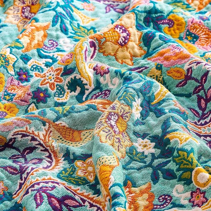 XIBLC Boho Blanket Throw Quilt, 100% Cotton Soft Light Weight Throw Blankets for Summer, 60"x80" Farmhouse Flower Decorative Blankets, All Season Rustic Reversible Bohemian Throw Quilt