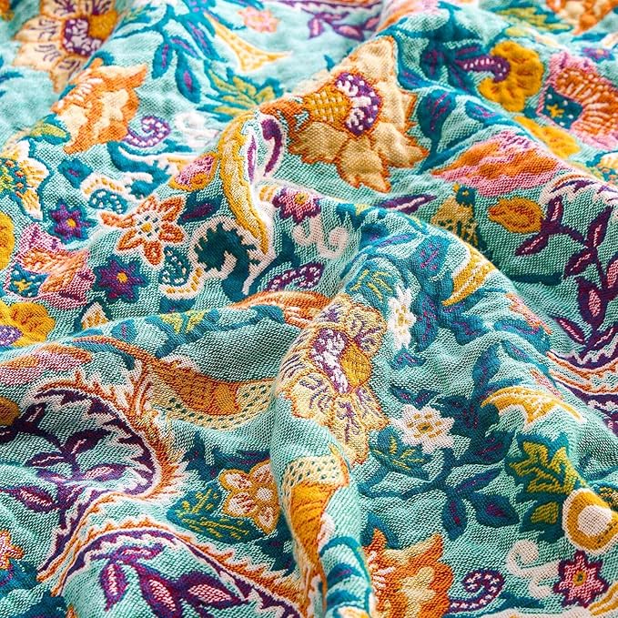 XIBLC Boho Blanket Throw Quilt, 100% Cotton Soft Light Weight Throw Blankets for Summer, 90"x98" Farmhouse Flower Decorative Blankets, All Season Rustic Reversible Bohemian Throw Quilt